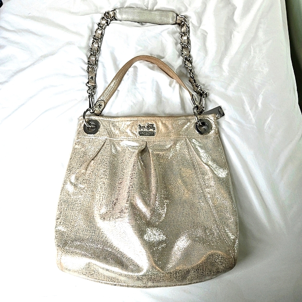 Coach Madison metallic silver beige hippie hobo/shoulder tote bag thatch design